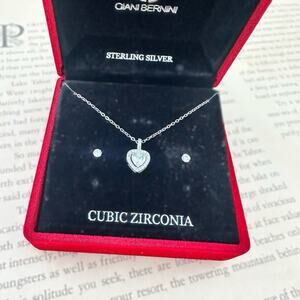 Giani Bernini Heart CZ Sterling Silver Necklace & Earring Set w/ Red Velvet Box
